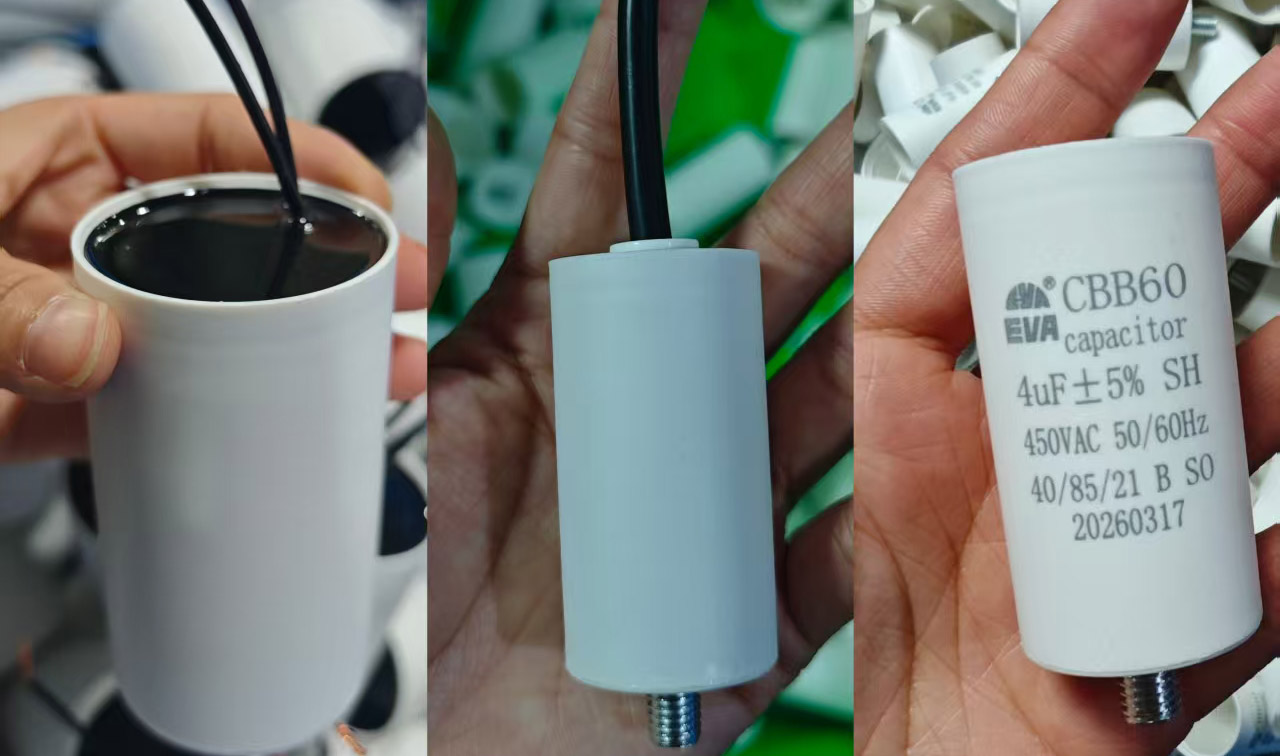Nhu cầu thị trường tụ điện CBB60 tăng cao – EVA sản xuất các mẫu tụ điện 4μF dạng vít và 20μF dạng dây kép.